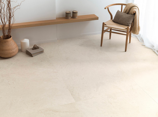 Porcelanosa Durango Bone L 120x120cm shown in a styled room setting