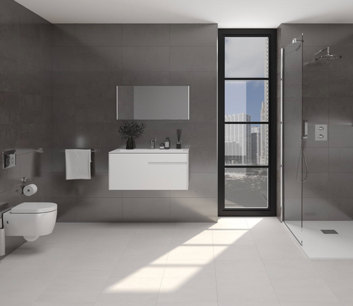 Porcelanosa Ferroker Platino L 44.3x44.3cm shown in a styled room setting