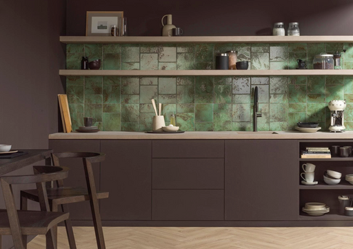 Porcelanosa Fiji Green 10x20x0.85 10x20cm shown in a styled room setting