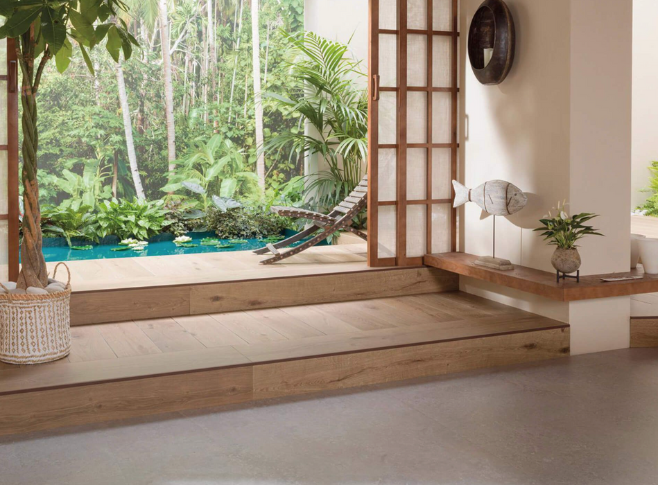 Porcelanosa Hannover Topo L 120x120cm shown in a styled room setting