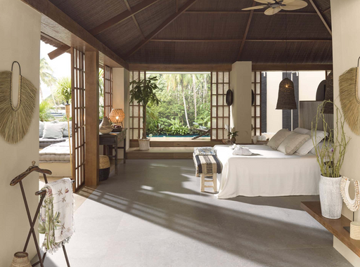 Porcelanosa Hannover Topo L 120x120cm shown in a styled room setting