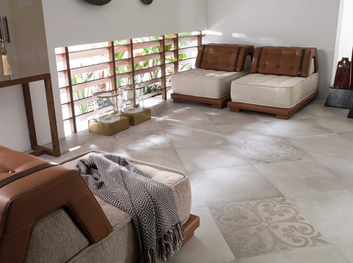 Porcelanosa Harlem Acero Ant.l 120x120cm shown in a styled room setting