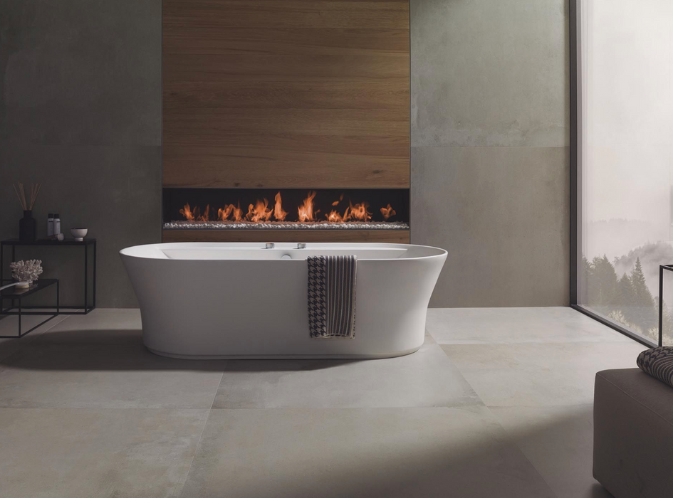 Porcelanosa Harlem Acero L 120x120cm shown in a styled room setting