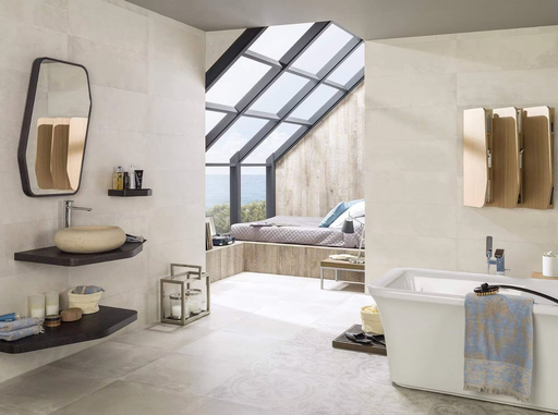 Porcelanosa Harlem Caliza 33.299999999999997x100cm shown in a styled room setting