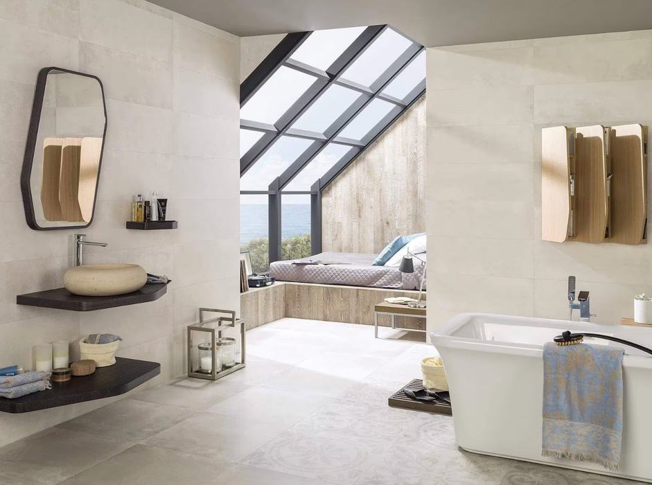 Porcelanosa Harlem Caliza 33.299999999999997x100cm shown in a styled room setting