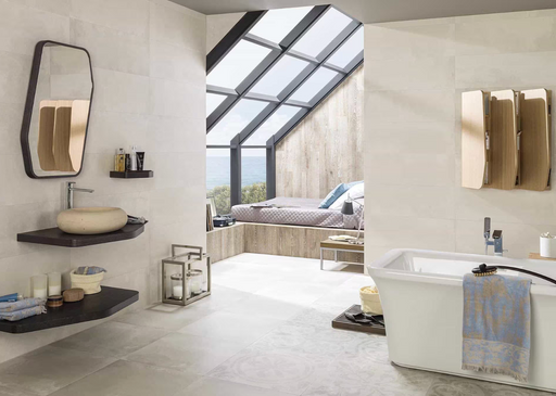 Porcelanosa Harlem Caliza L 59.6x59.6cm shown in a styled room setting