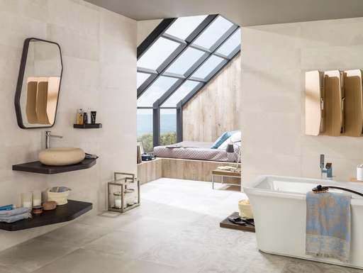 Porcelanosa Harlem Caliza L 80x80cm shown in a styled room setting