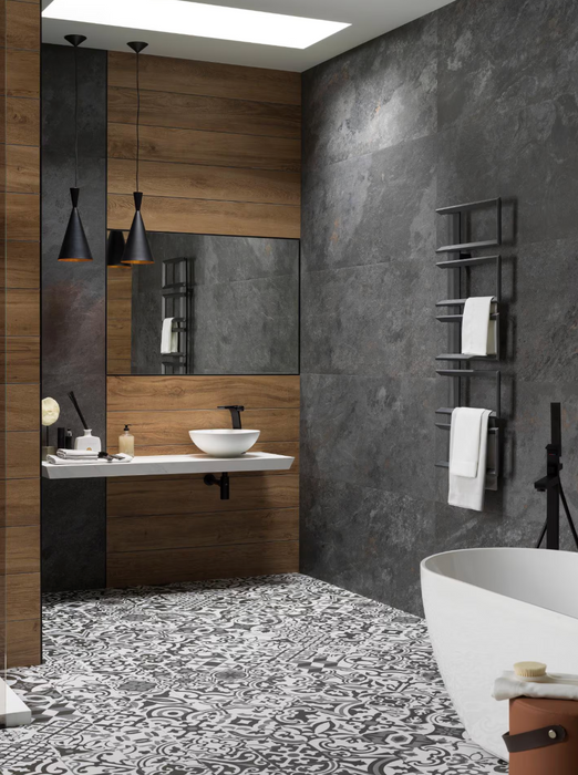 Porcelanosa Image Dark L 33.299999999999997x59.2cm shown in a styled room setting