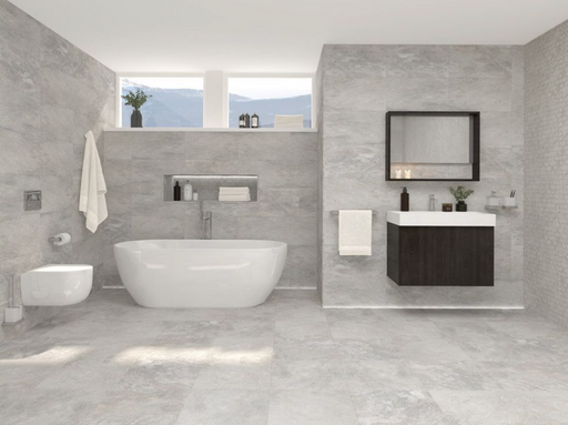 Porcelanosa Image Silver L 33.299999999999997x59.2cm shown in a styled room setting