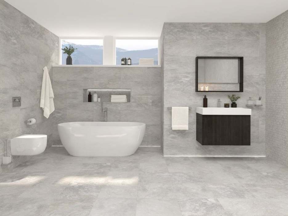 Porcelanosa Image Silver L 33.299999999999997x59.2cm shown in a styled room setting