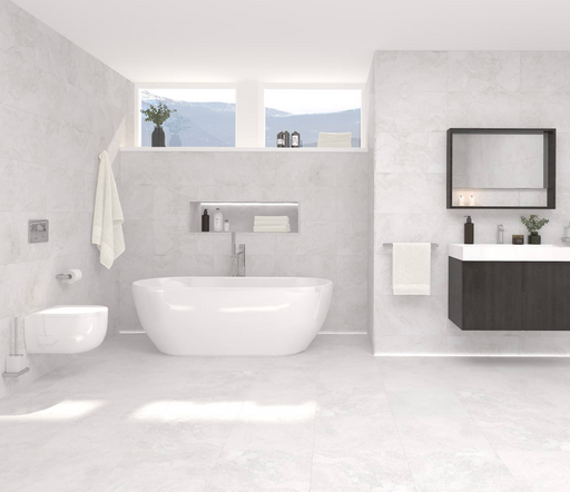 Porcelanosa Image White L 44.3x44.3cm shown in a styled room setting