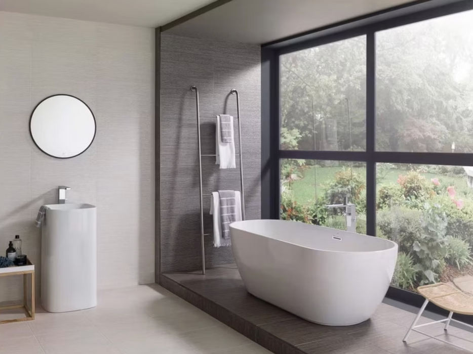 Porcelanosa Japan Blanco L 44.3x44.3cm shown in a styled room setting