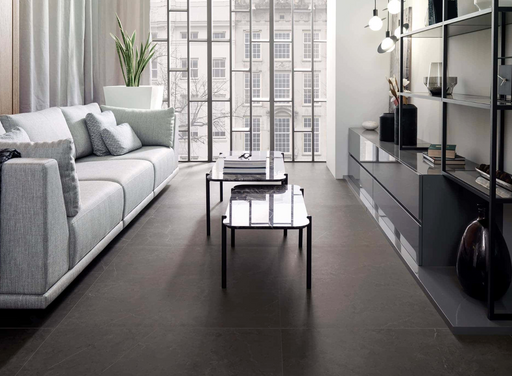 Porcelanosa Karachi Grey L 120x120cm shown in a styled room setting