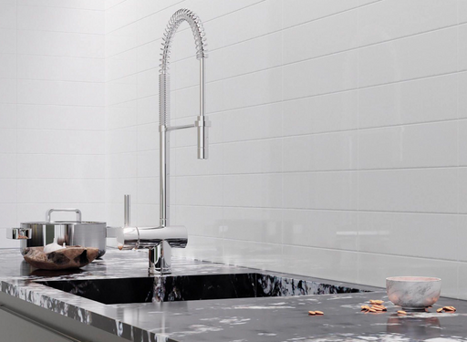 Porcelanosa Kent Snow Gloss 8x30x0.85 8x30cm shown in a styled room setting