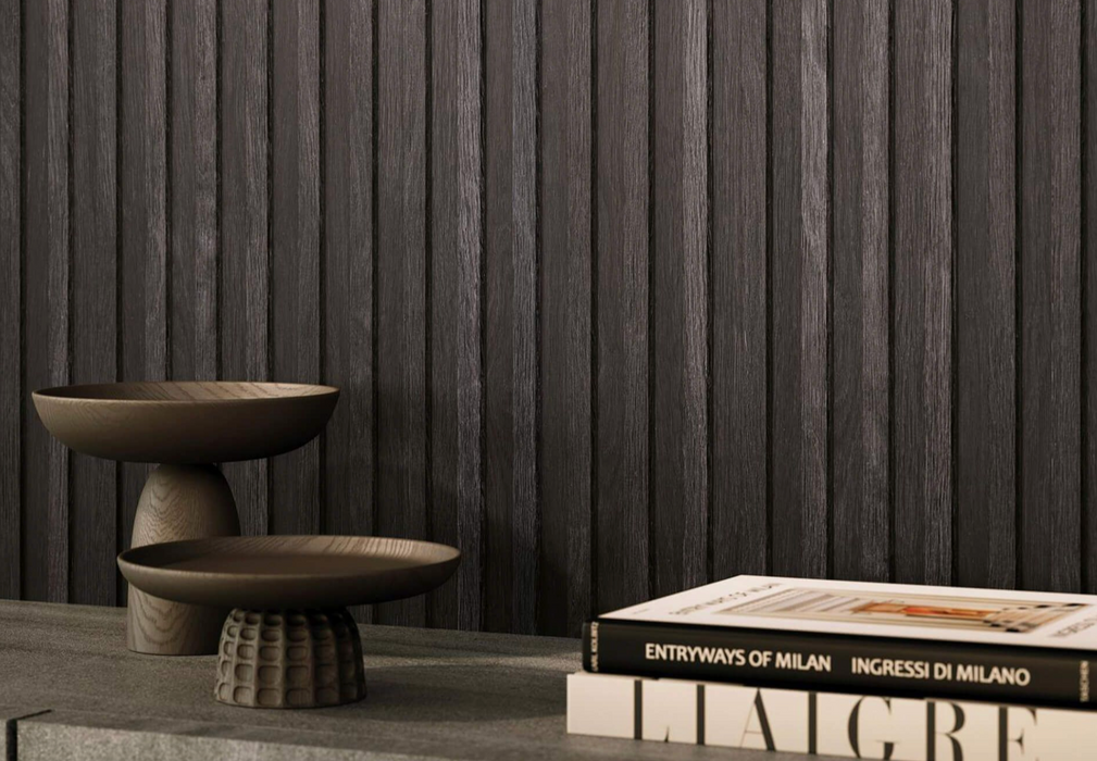 Porcelanosa Line 3D Antracita 59.6x150cm shown in a styled room setting