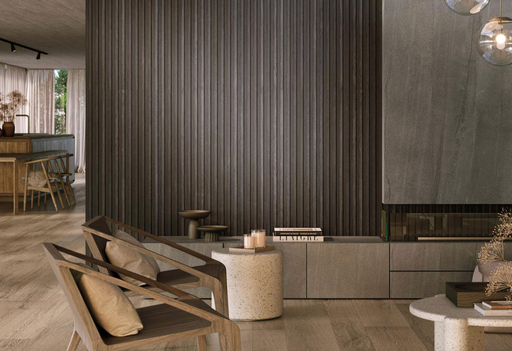 Porcelanosa Line 3D Antracita 59.6x150cm shown in a styled room setting