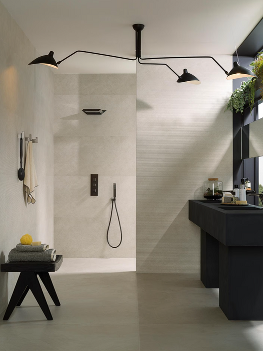 Porcelanosa Line Santorini Grey 59.6x150cm shown in a styled room setting