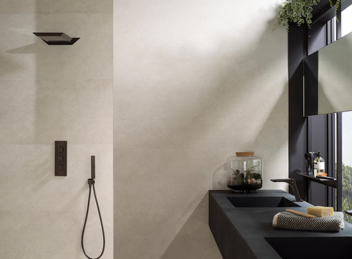 Porcelanosa Line Santorini Grey 59.6x150cm shown in a styled room setting