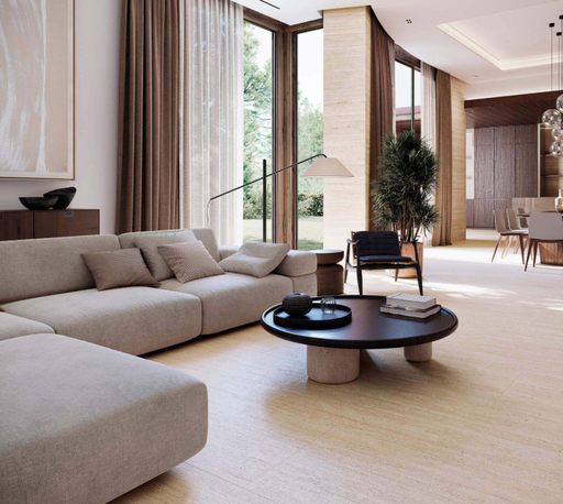 Porcelanosa Line Taranto Marfil 59.6x150cm shown in a styled room setting