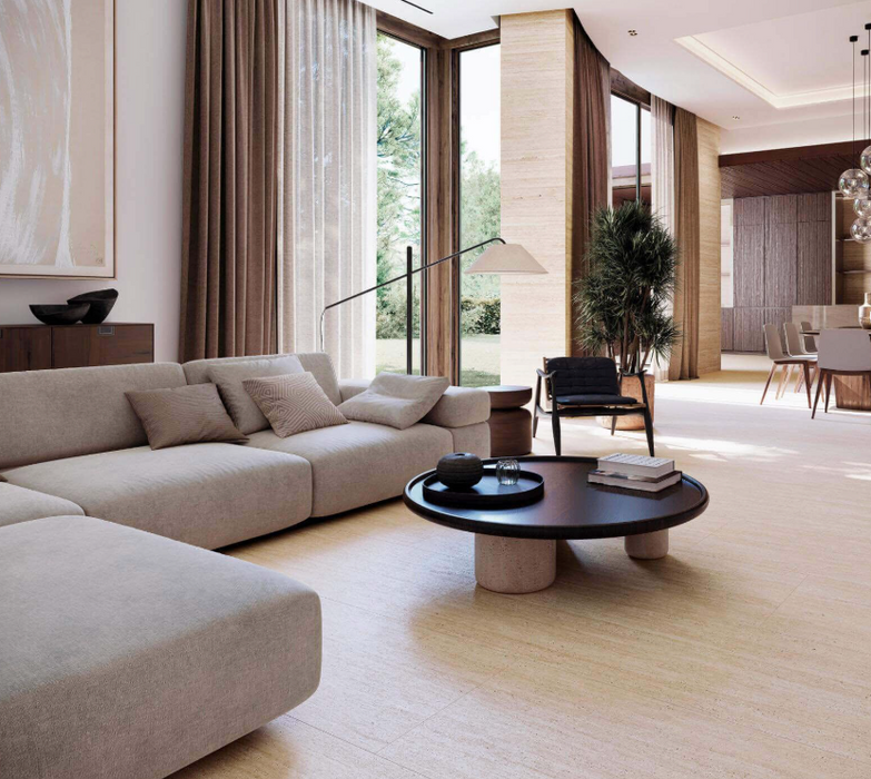Porcelanosa Line Taranto Marfil 59.6x150cm shown in a styled room setting