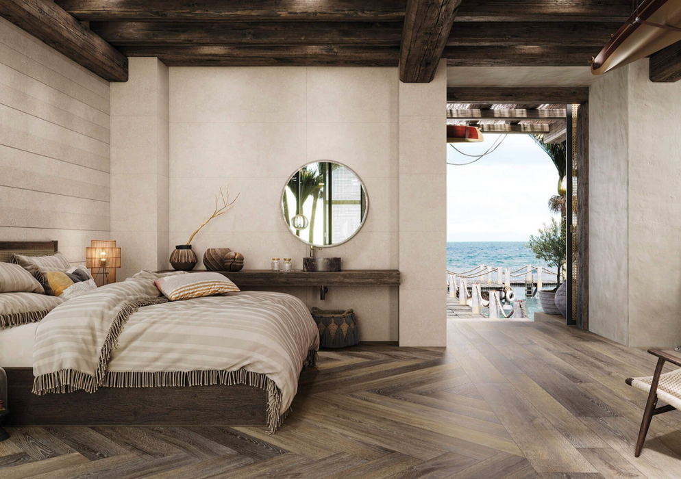 Porcelanosa Line Terra Bone 59.6x150cm shown in a styled room setting