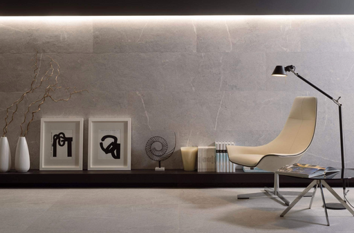Porcelanosa Lucerna Acero 45x120cm shown in a styled room setting