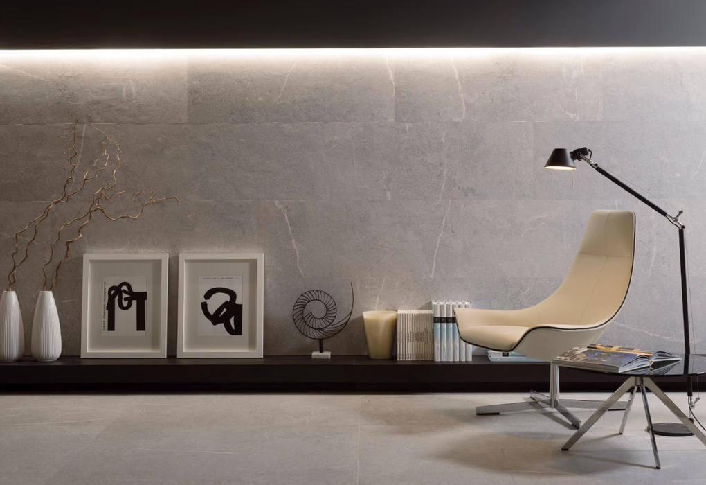 Porcelanosa Lucerna Acero L 120x120cm shown in a styled room setting
