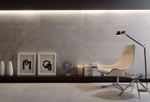 Porcelanosa Lucerna Acero L 120x120cm shown in a styled room setting