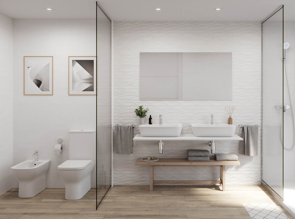 Porcelanosa Madagascar Blanco L 25x44.3cm shown in a styled room setting