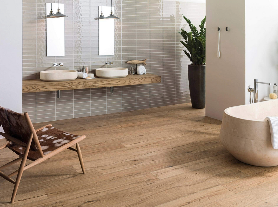 Porcelanosa Malaga Beige L 25x44.3cm shown in a styled room setting