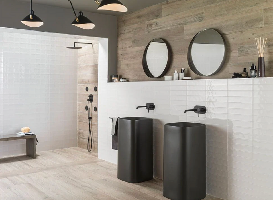 Porcelanosa Malaga White L 25x44.3cm shown in a styled room setting