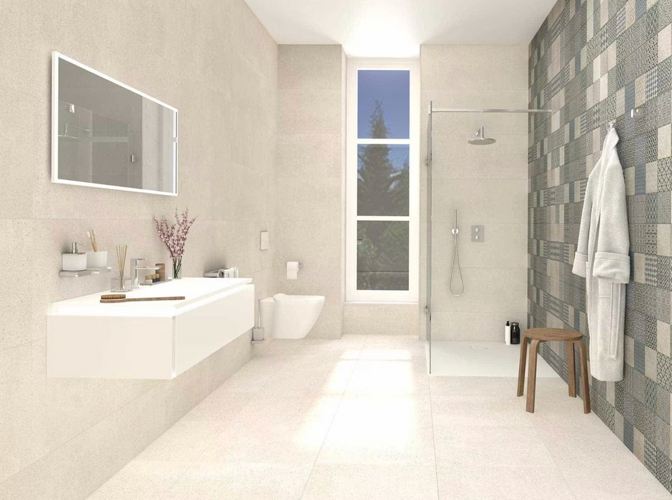 Porcelanosa Marbella Blue 45x120cm shown in a styled room setting