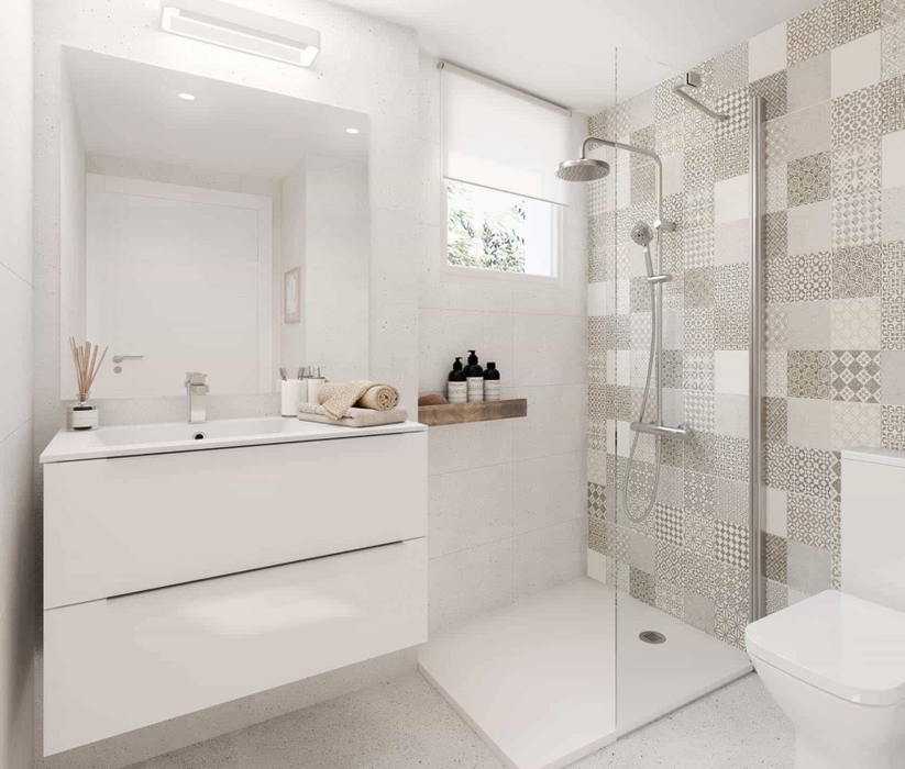 Porcelanosa Marbella Stone L 33.299999999999997x59.2cm shown in a styled room setting