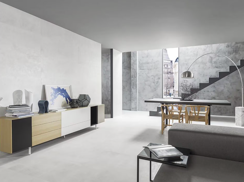 Porcelanosa Metropolitan Caliza L 59.6x59.6cm shown in a styled room setting