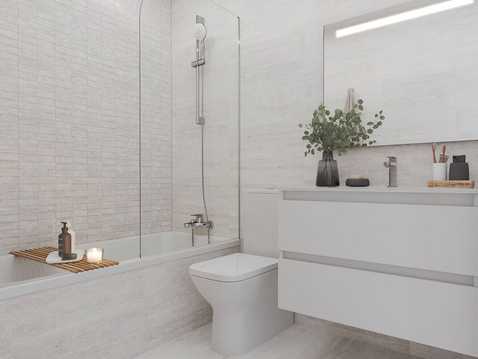 Porcelanosa Nantes Acero L 44.3x44.3cm shown in a styled room setting