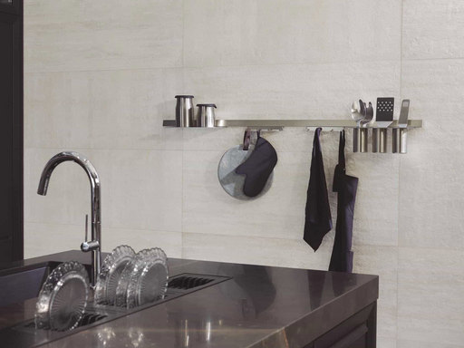 Porcelanosa Nantes Caliza 45x120cm shown in a styled room setting