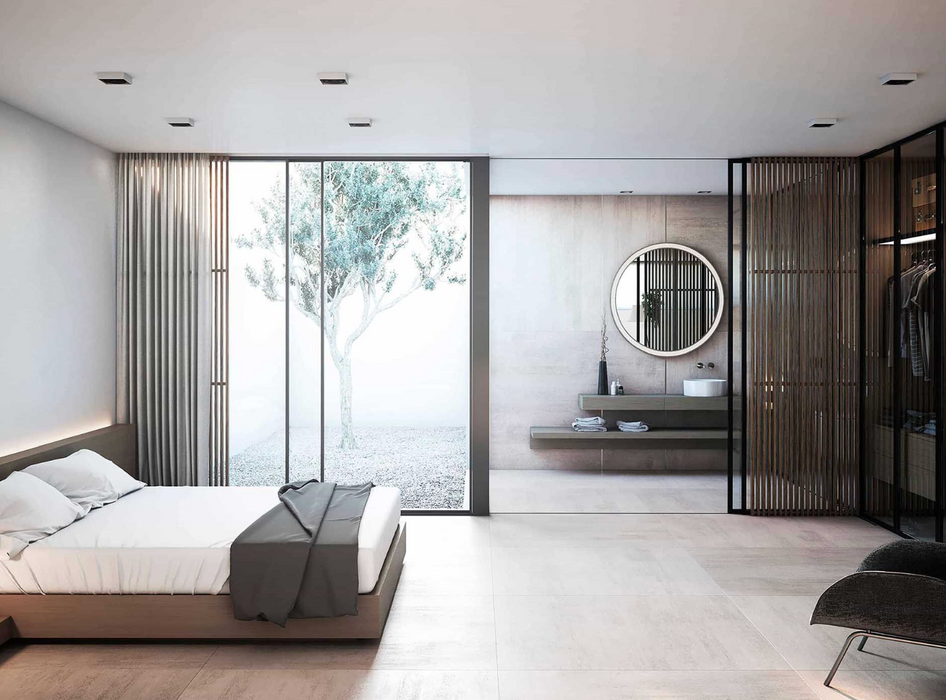 Porcelanosa Nantes Caliza L 120x120cm shown in a styled room setting