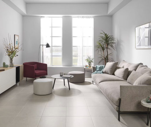 Porcelanosa Nast Grey L 44.3x44.3cm shown in a styled room setting