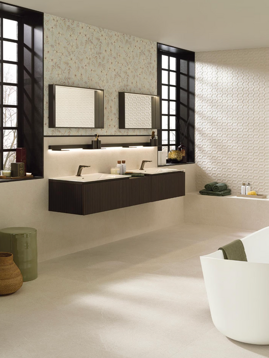 Porcelanosa Neo Saddle Caliza 45x120cm shown in a styled room setting