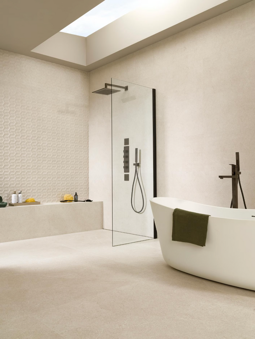 Porcelanosa Neo Saddle Caliza 45x120cm shown in a styled room setting