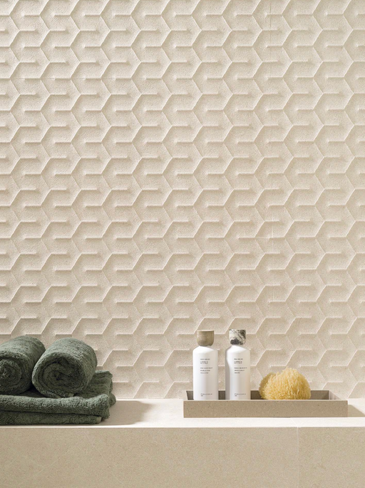 Porcelanosa Neo Saddle Caliza 45x120cm shown in a styled room setting