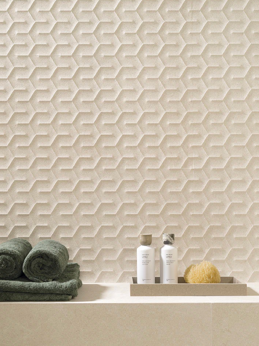 Porcelanosa Neo Saddle Caliza 45x120cm shown in a styled room setting