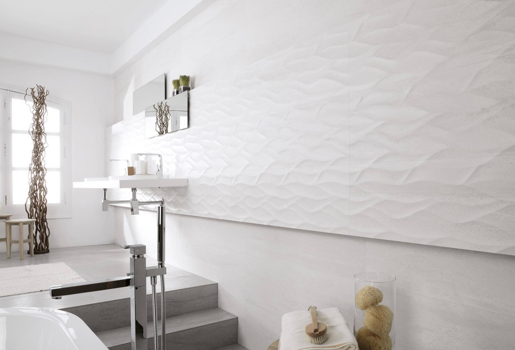 Porcelanosa Ona Blanco(4p/c) 33.299999999999997x100cm shown in a styled room setting