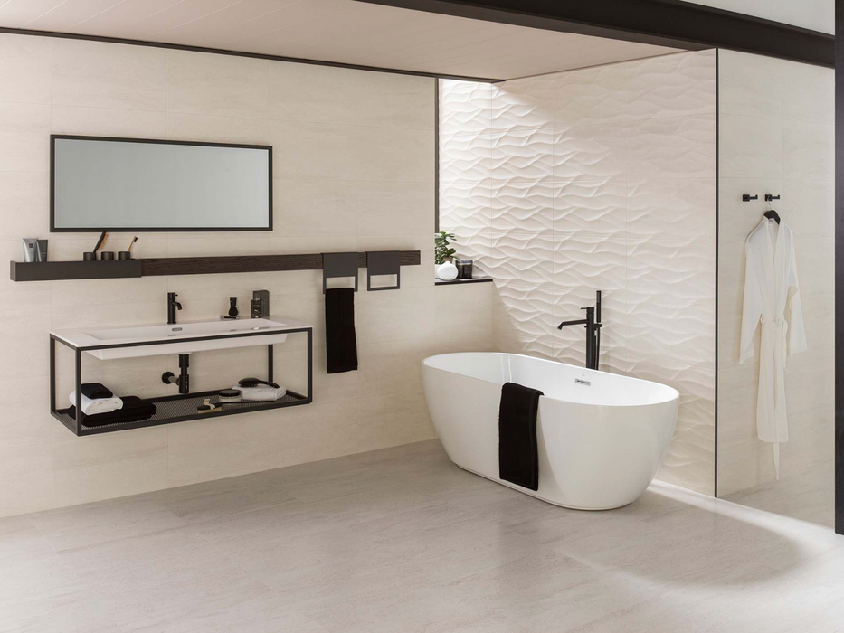 Porcelanosa Ona Blanco L 25x44.3cm shown in a styled room setting