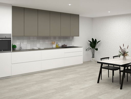 Porcelanosa Oxford Acero 19.3x120cm shown in a styled room setting
