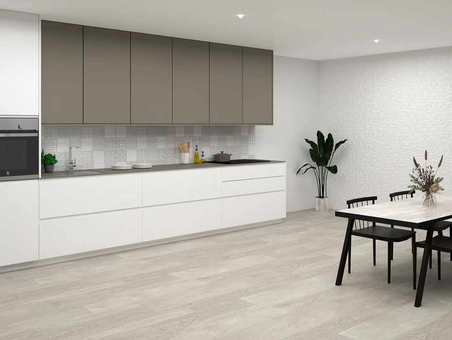 Porcelanosa Oxford Acero 19.3x120cm shown in a styled room setting