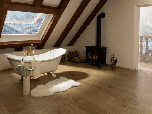Porcelanosa Oxford Natural 19.3x120cm shown in a styled room setting