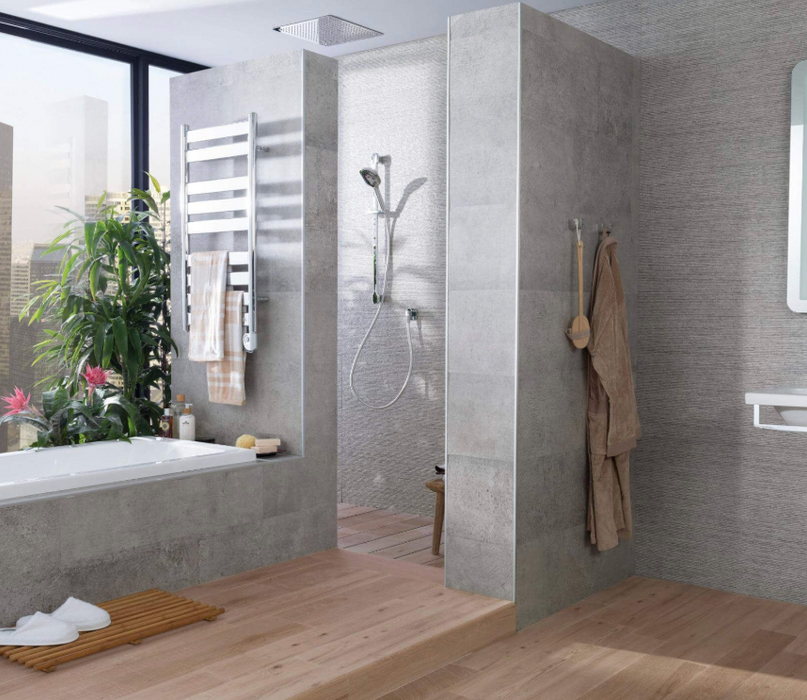 Porcelanosa Park Acero 33.299999999999997x100cm shown in a styled room setting