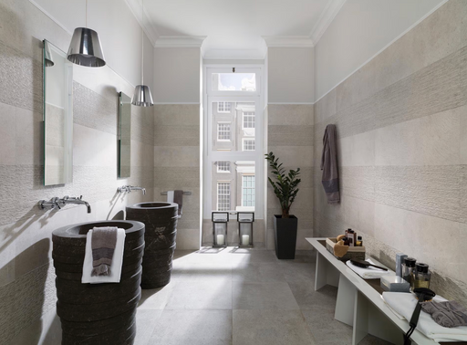 Porcelanosa Park Acero L 59.6x59.6cm shown in a styled room setting