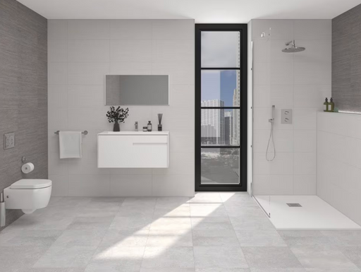Porcelanosa Park Gris L 44.3x44.3cm shown in a styled room setting